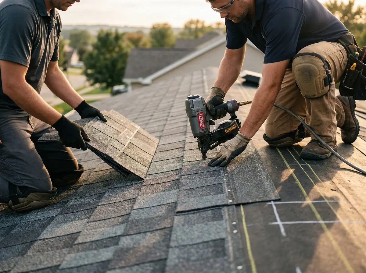 Professional roofer working on a residential roof in Fairfield Plantation